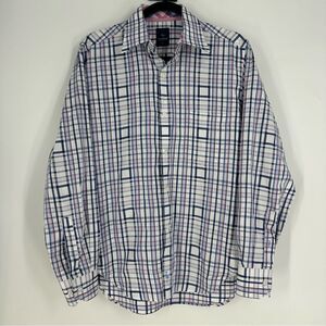 TAILORBYRD Men’s Navy Pink Plaid Long-sleeve Button Down Sz S